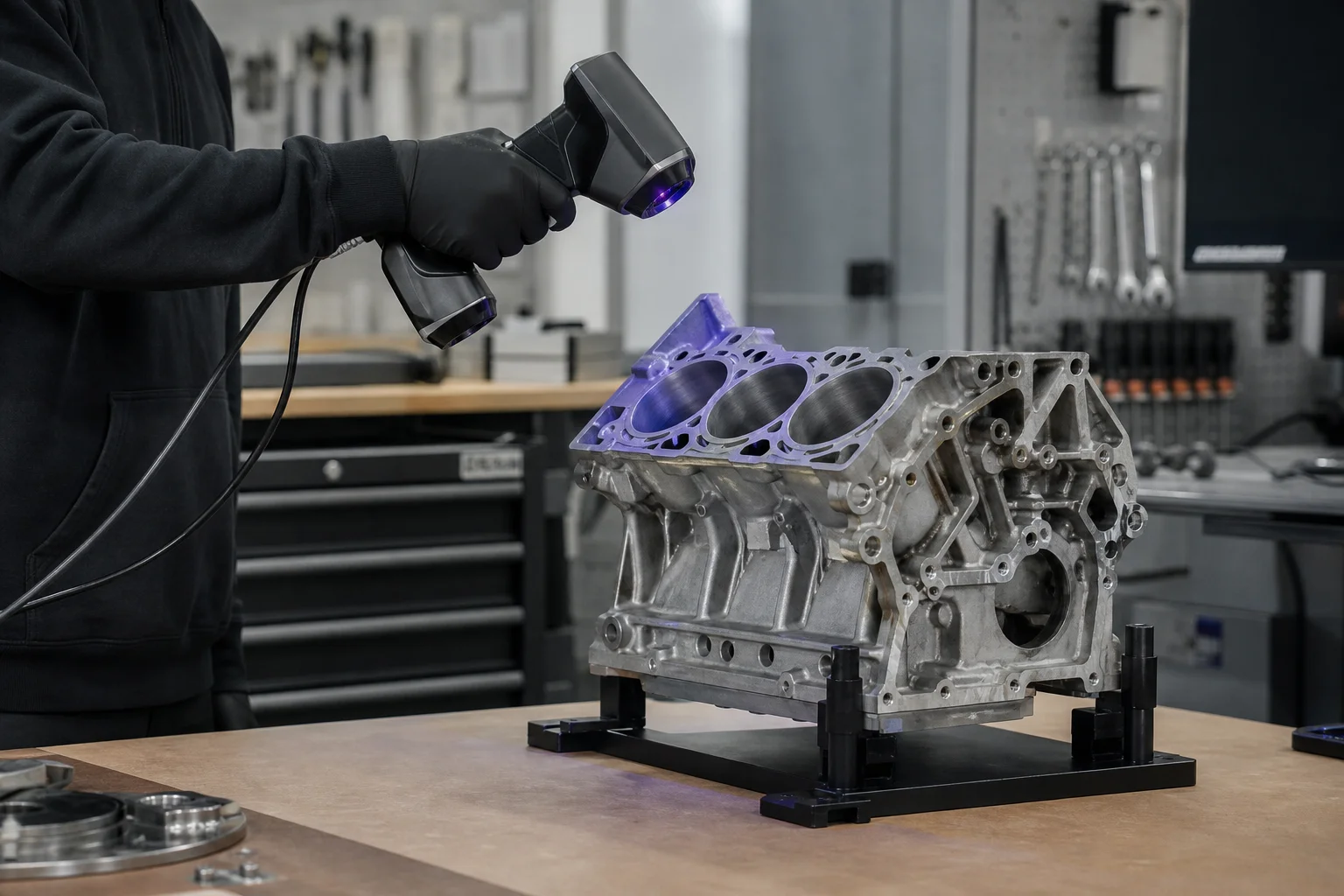 Engineer scanning an engine block with a handheld 3D scanner in a workshop