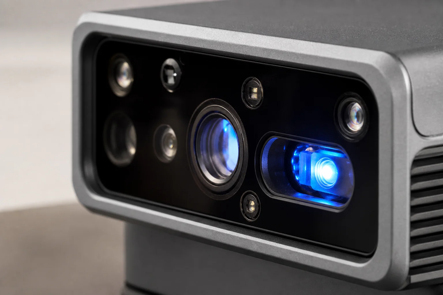Close-up of a 3D scanner's optical array capturing fine surface details