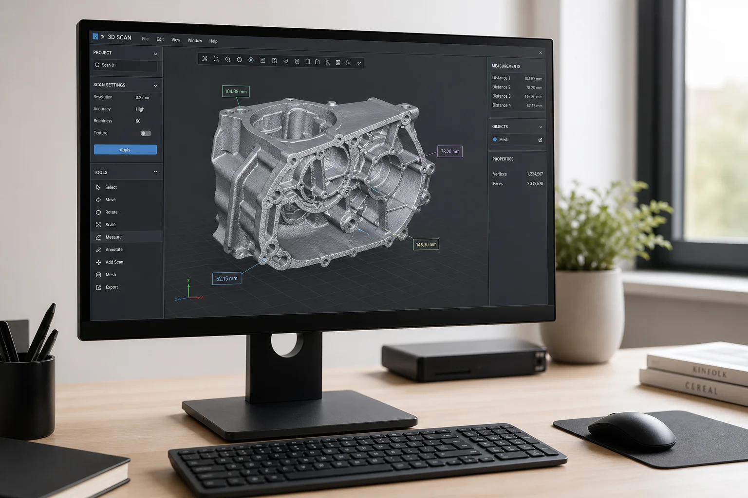 Computer workstation displaying 3D scan mesh and CAD measurements