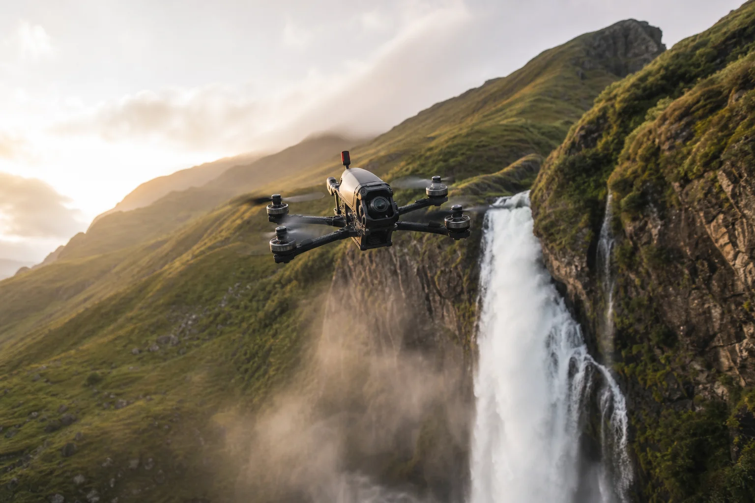 Drone FPV in volo sopra un terreno montuoso con cascata
