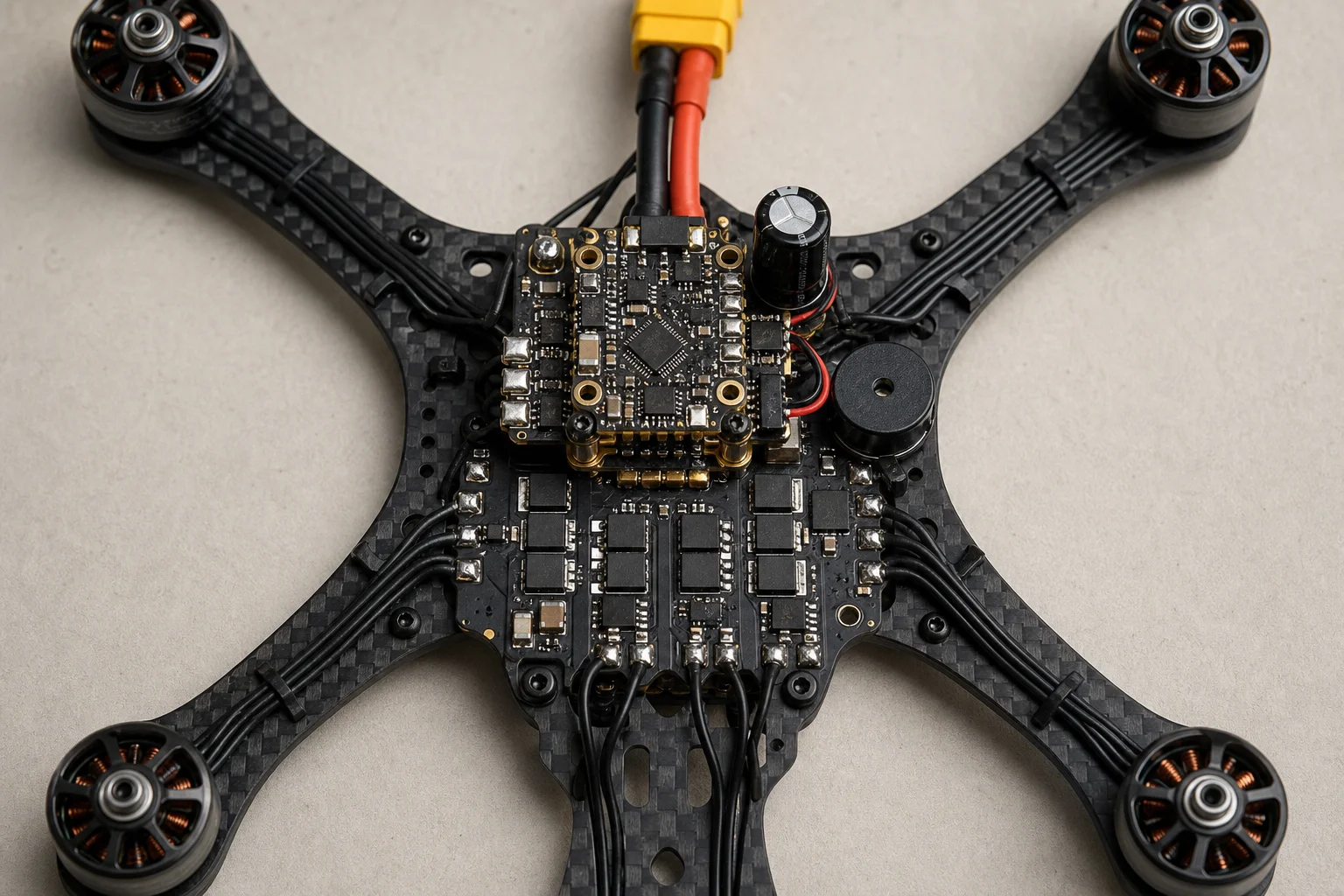 Vista dall'alto dello stack elettronico del drone FPV con flight controller ed ESC