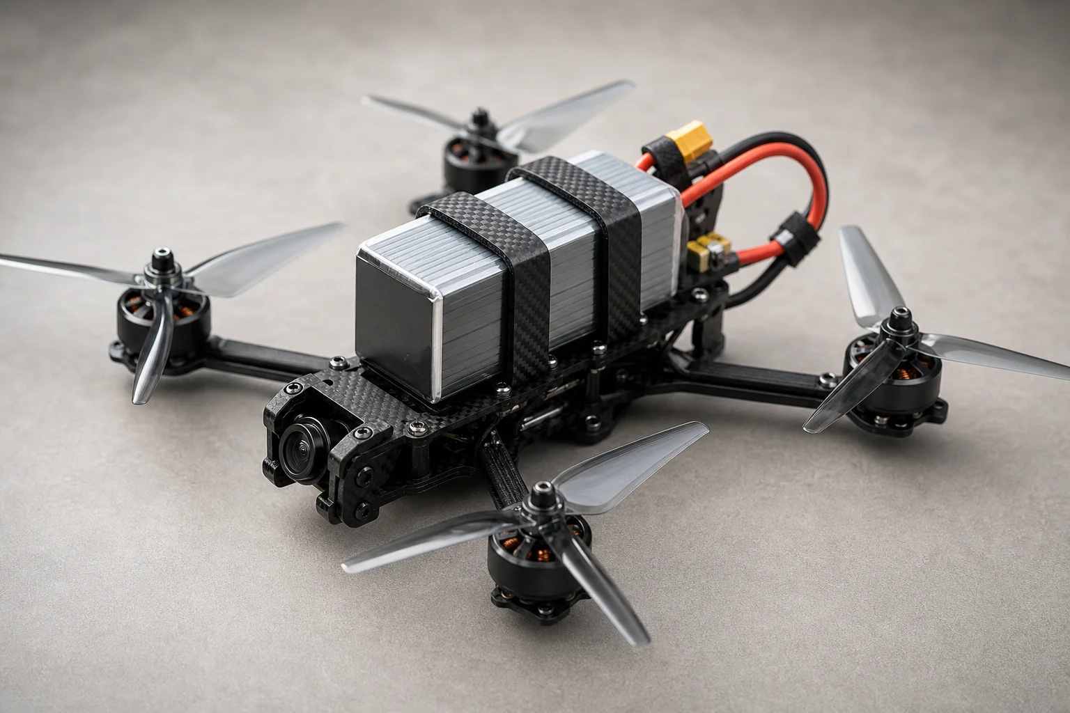 Drone FPV con pacco batteria agli ioni di litio sovradimensionato per voli a lungo raggio