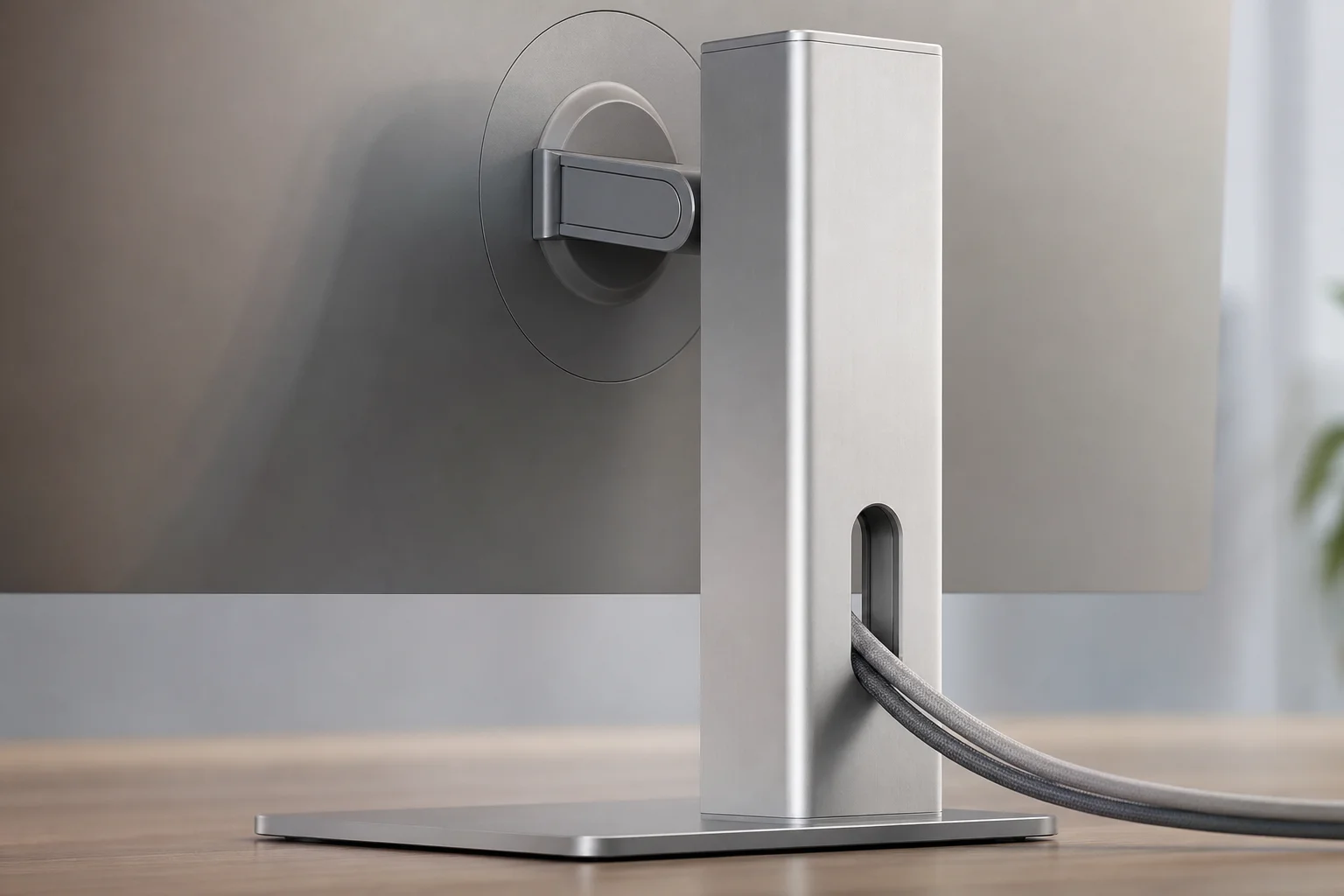 Close-up of premium aluminum monitor stand with smooth height adjustment