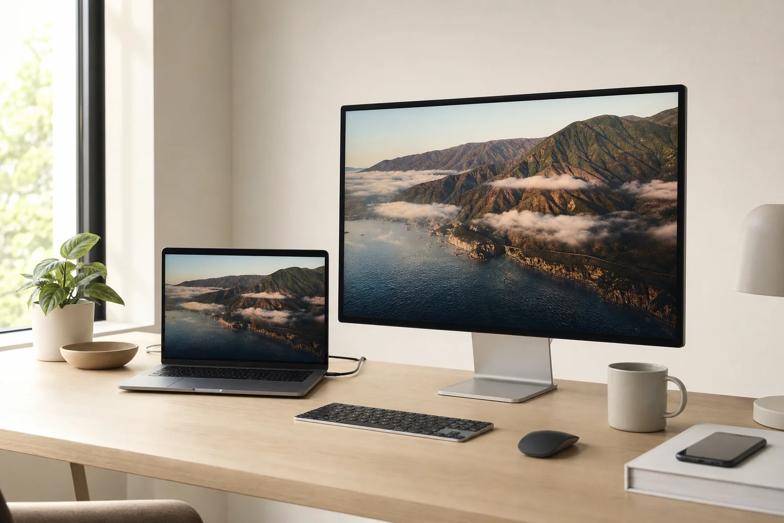 Mac laptop positioned next to a 5K display in professional workspace
