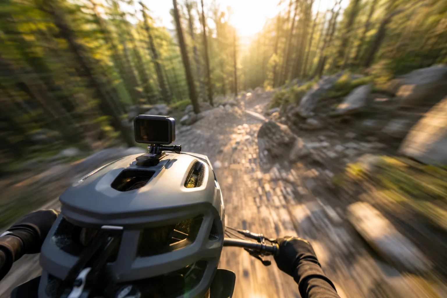 Action cam montata su un casco durante una discesa in mountain bike