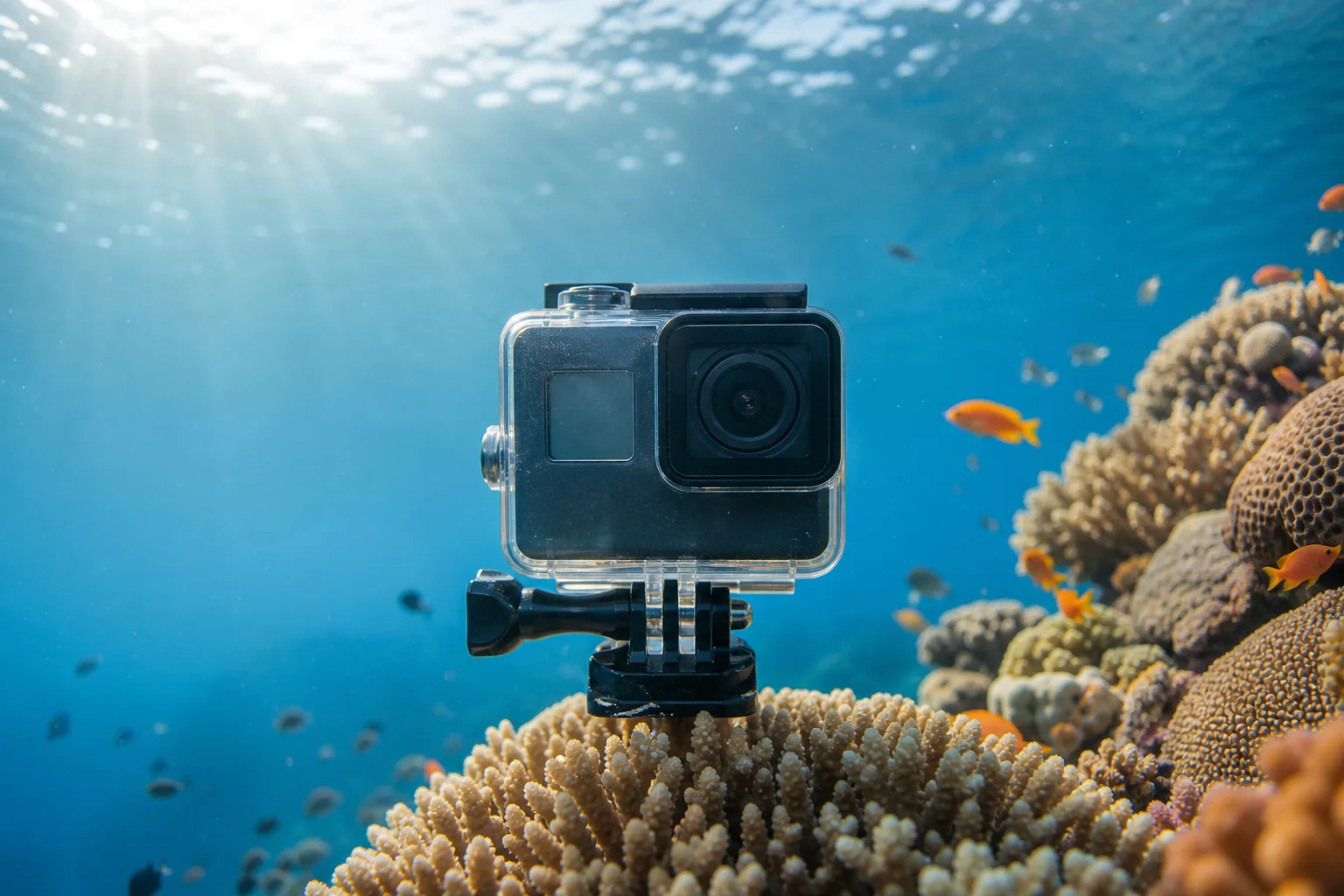 Action cam robusta immersa sott'acqua con coralli e pesci