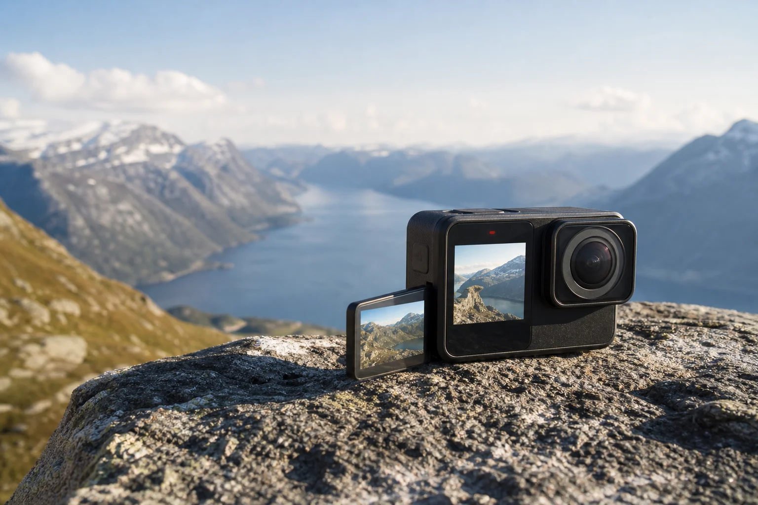 Action cam con doppio schermo su un belvedere di montagna con paesaggio