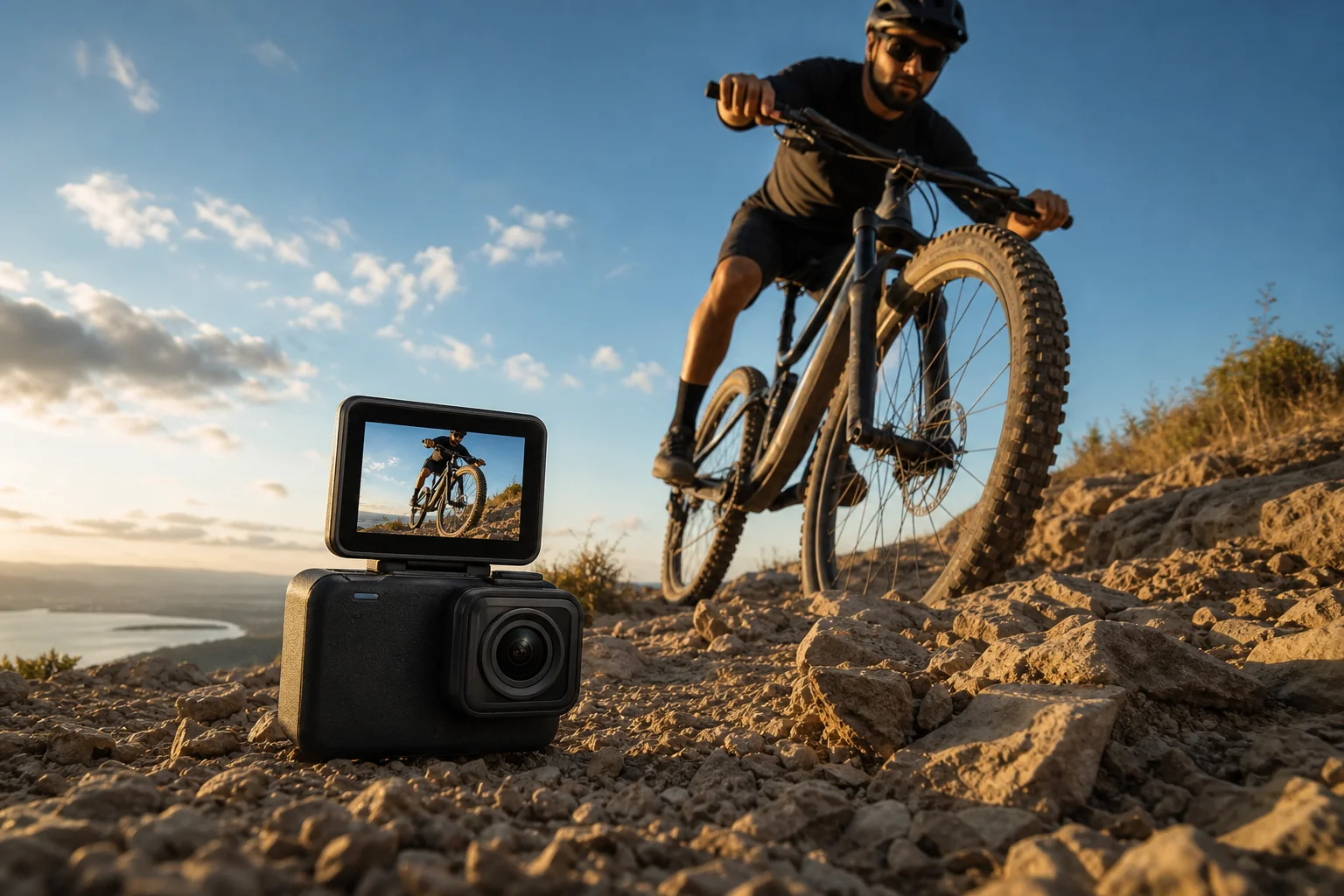 Action cam con schermo ribaltabile che cattura riprese dal basso con luce dorata