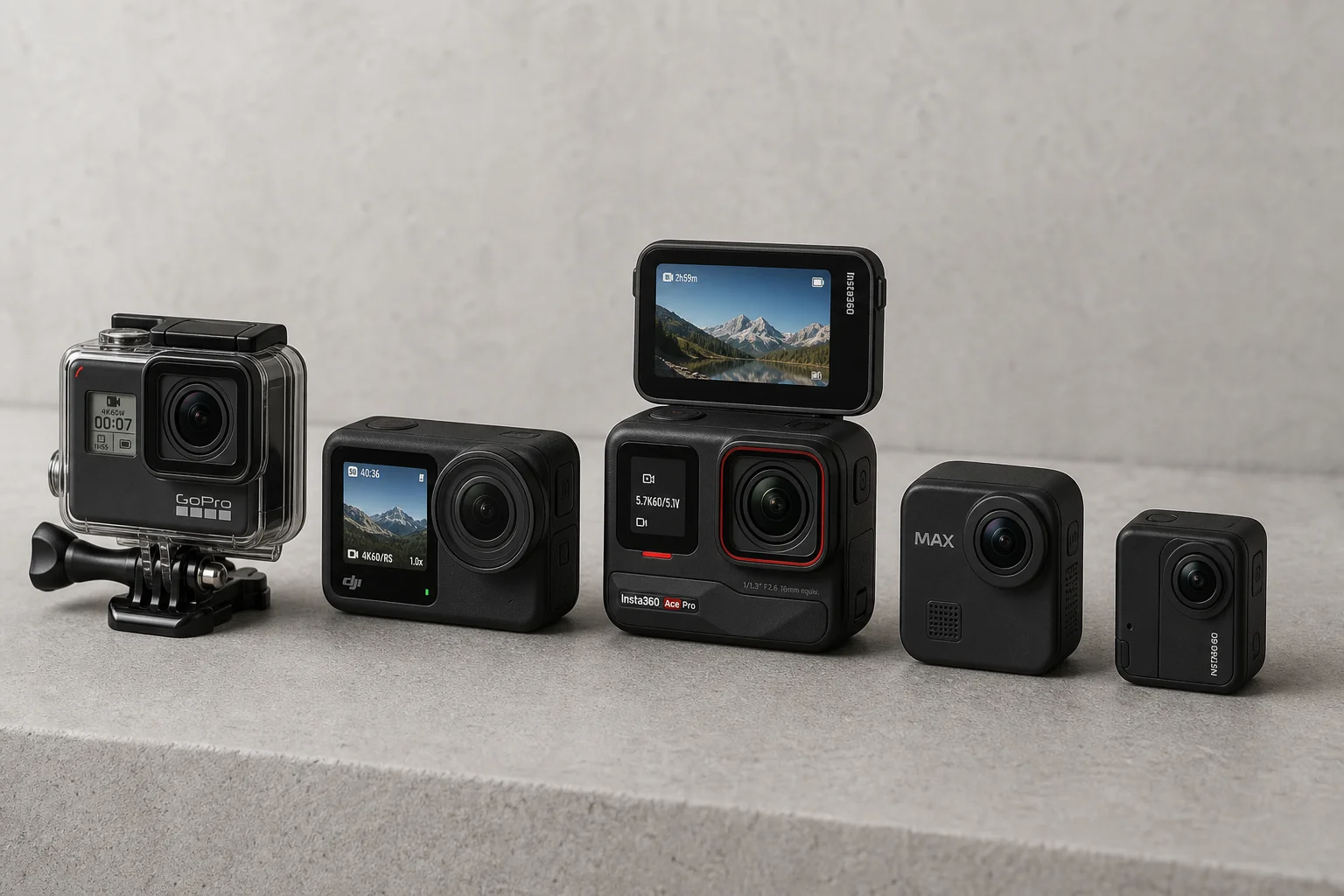 Five action cameras arranged on concrete surface in descending order