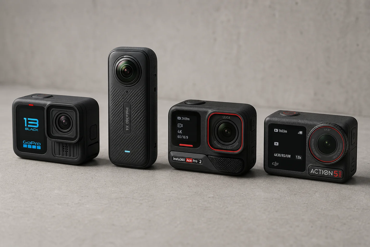 四款運動相機排列在水泥地上：GoPro Hero 13、Insta360 X4、Insta360 Ace Pro 2、DJI Osmo Action 5