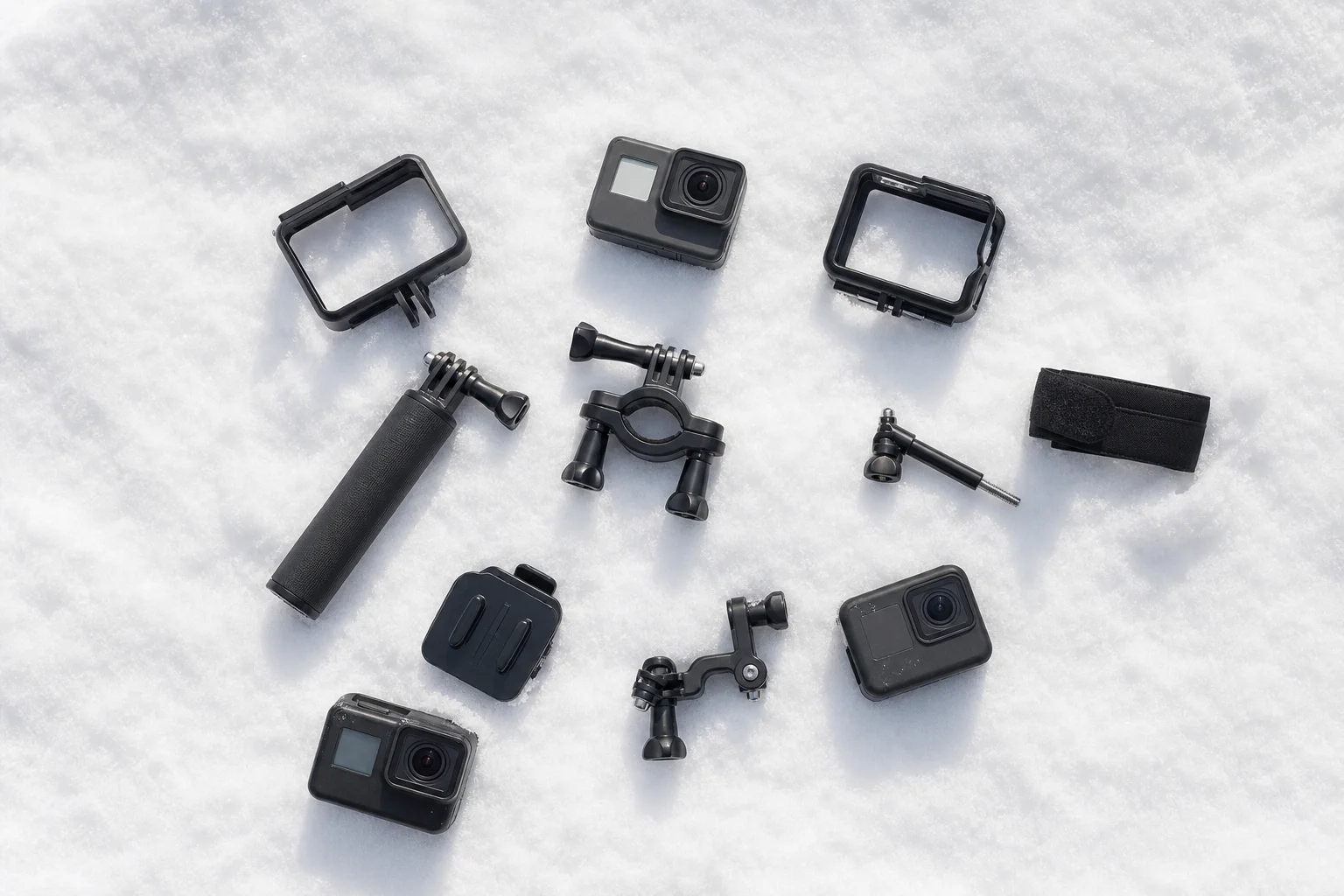 Overhead view of multiple action cameras and mounting accessories on snow