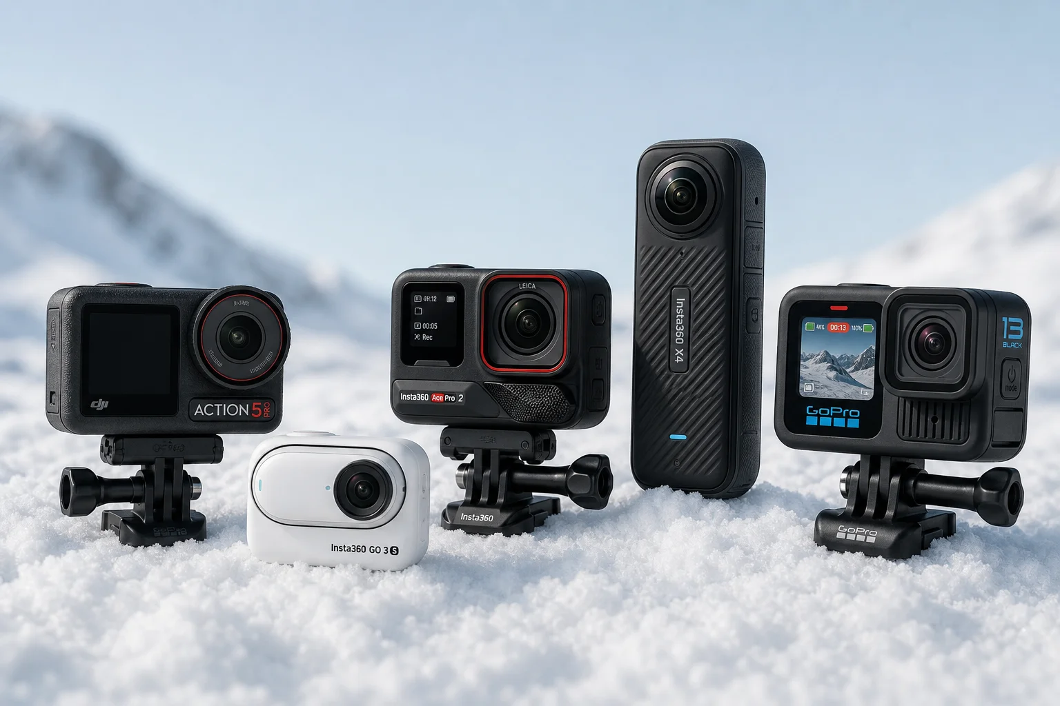 Five action cameras arranged on snow with mounting accessories