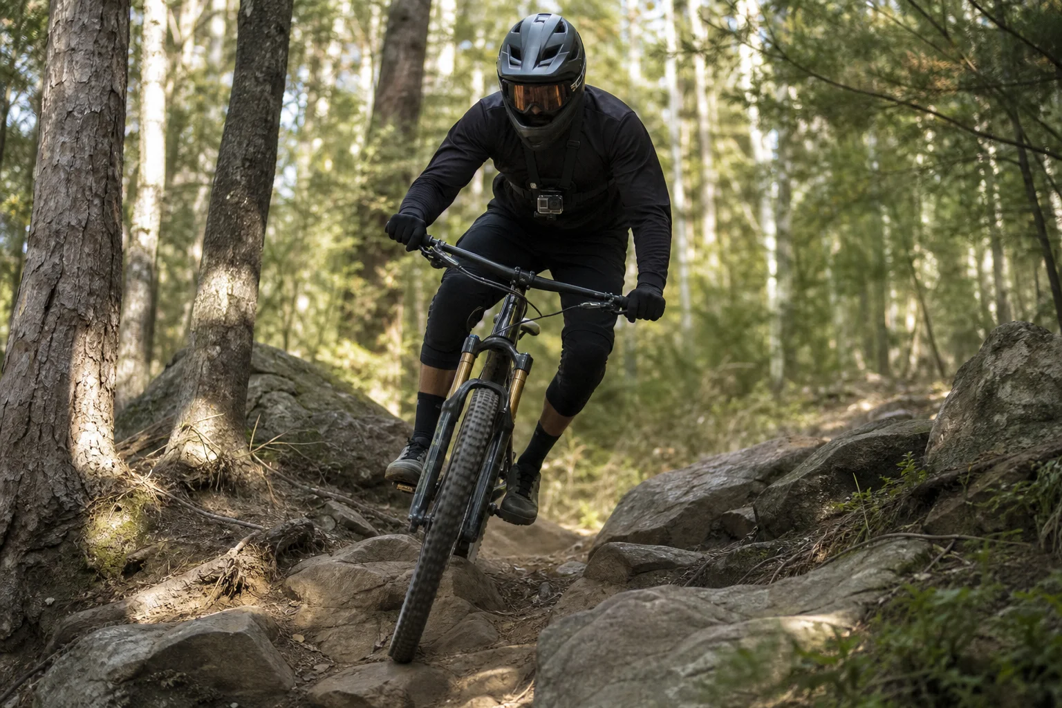 Mountain biker descending trail with chest-mounted action camera