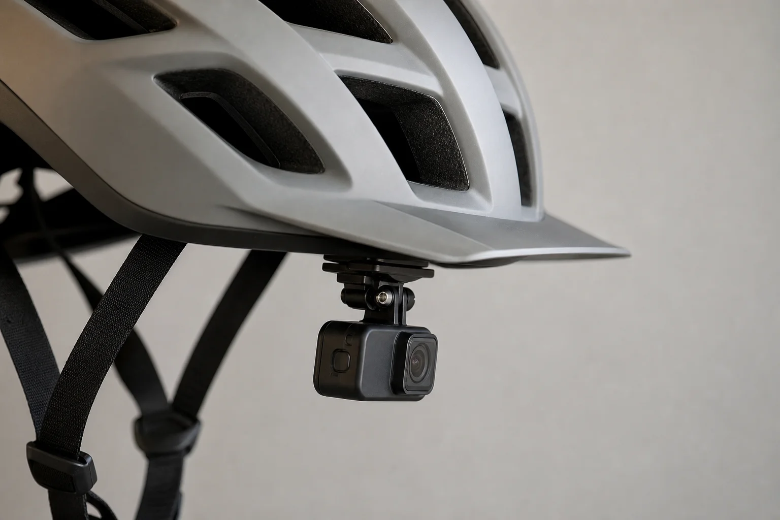 Helmet-mounted tiny action camera positioned under bike helmet visor