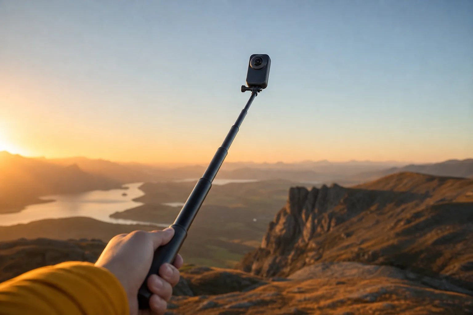 Action camera mounted on end of selfie pole during outdoor filming