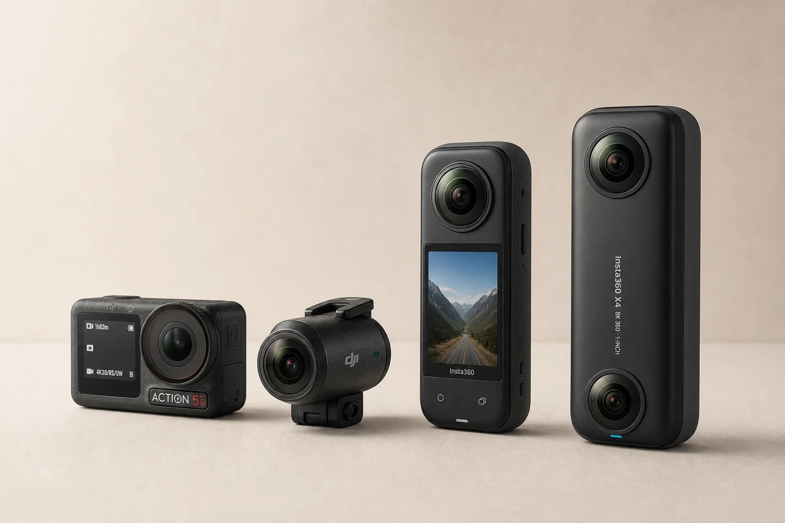 Four action cameras displayed on neutral backdrop showing different form factors and sizes