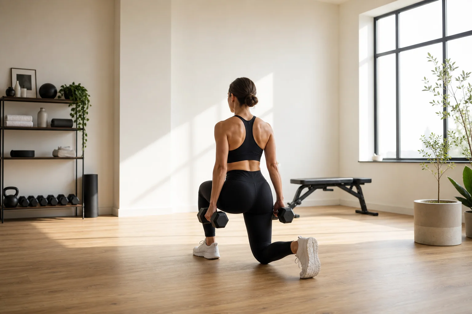 Person performing dumbbell exercises in a bright home gym with natural light