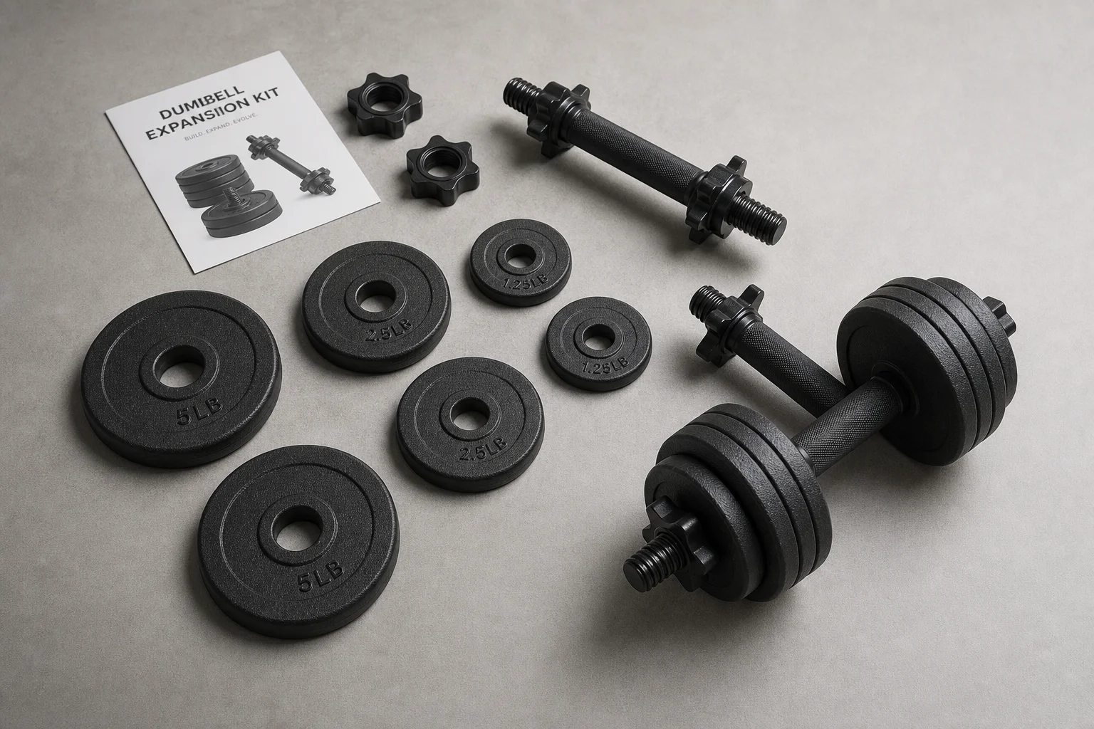Expandable dumbbell weight plates and expansion kits arranged on grey surface