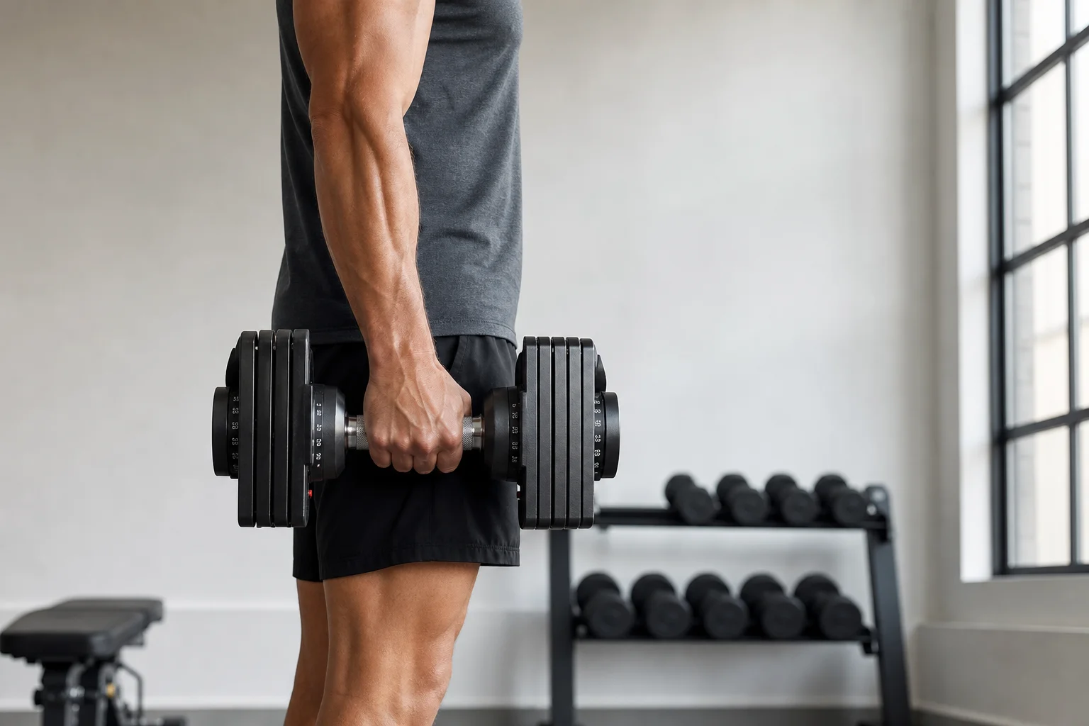 Strength athlete holding an adjustable dumbbell in training stance