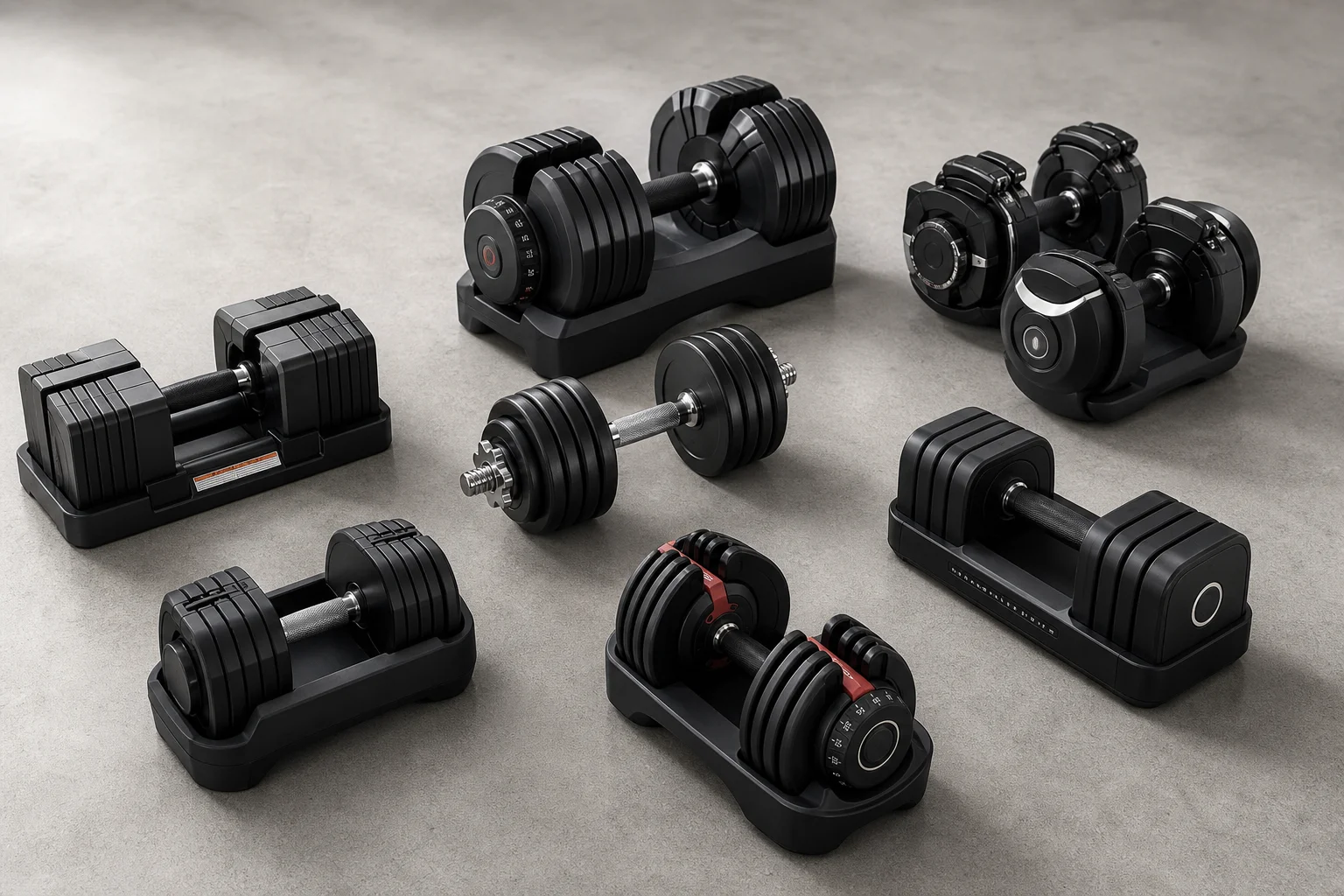 Seven different adjustable dumbbell models arranged on concrete surface