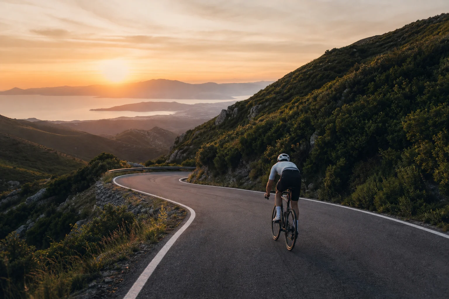 Radfahrer mit Aero-Helm bei einer Abfahrt auf einer Bergstraße im Abendlicht