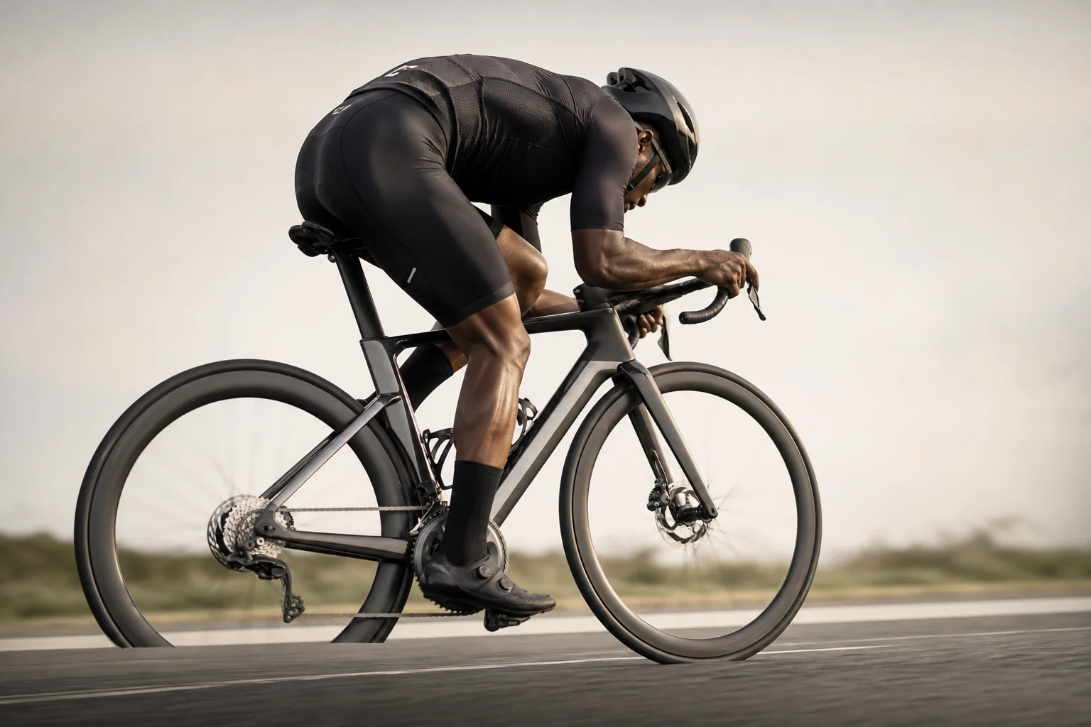 Professioneller Radfahrer in Sprintposition mit leichtem Aero-Helm