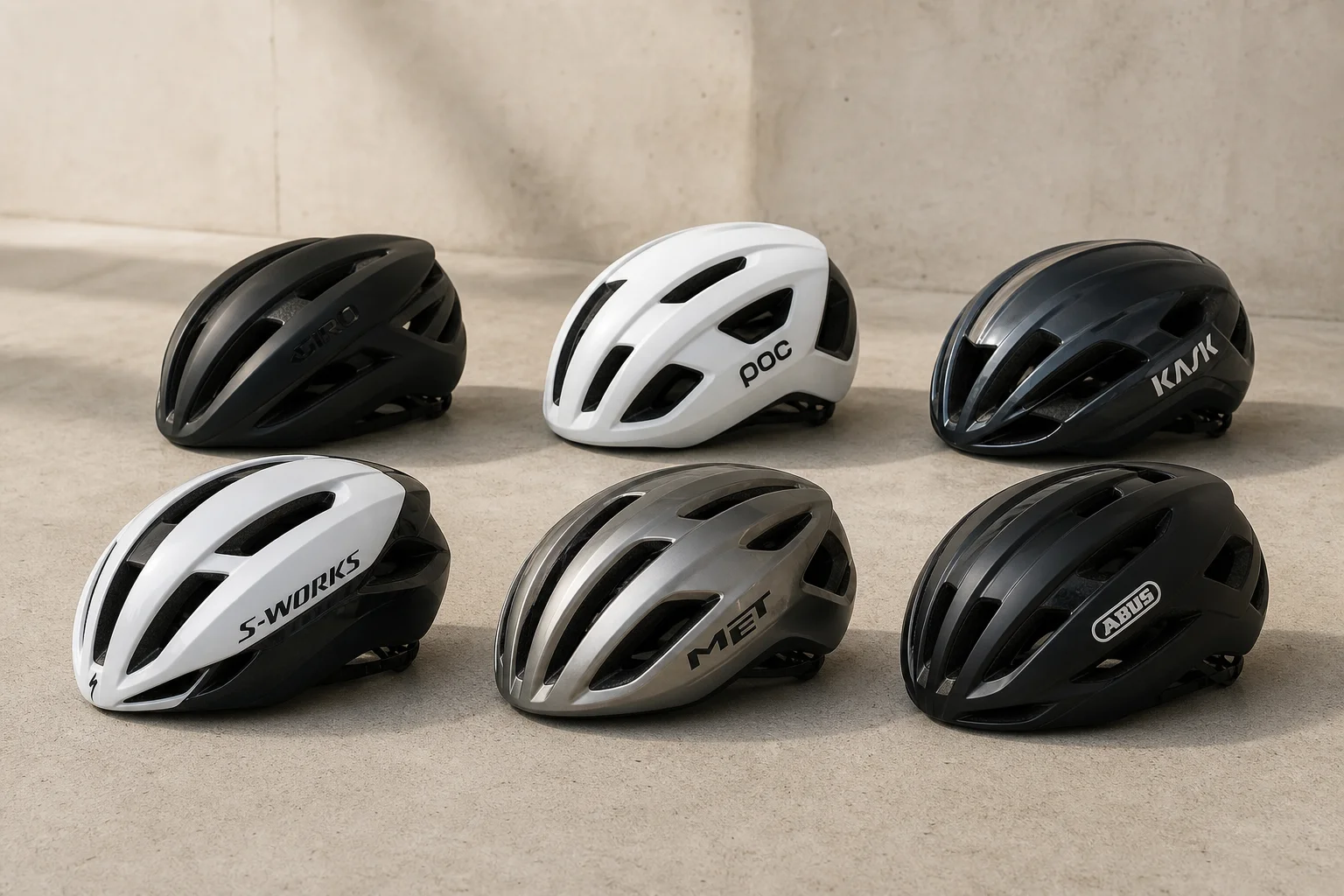 Seis cascos de ciclismo de carretera aerodinámicos dispuestos sobre una superficie de hormigón