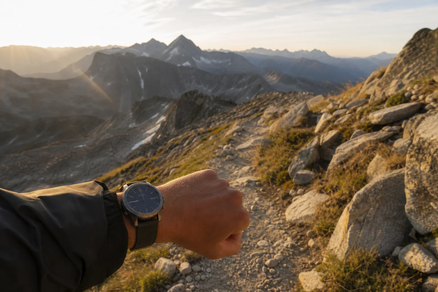 Hiker navigating rocky mountain trail with GPS watch visible on wrist