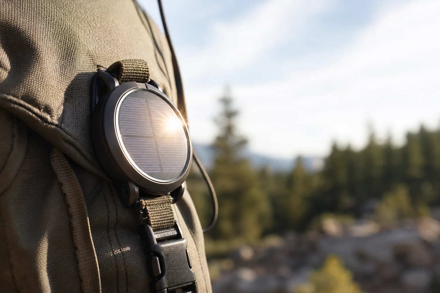 Solar watch face catching bright sunlight on hiking backpack