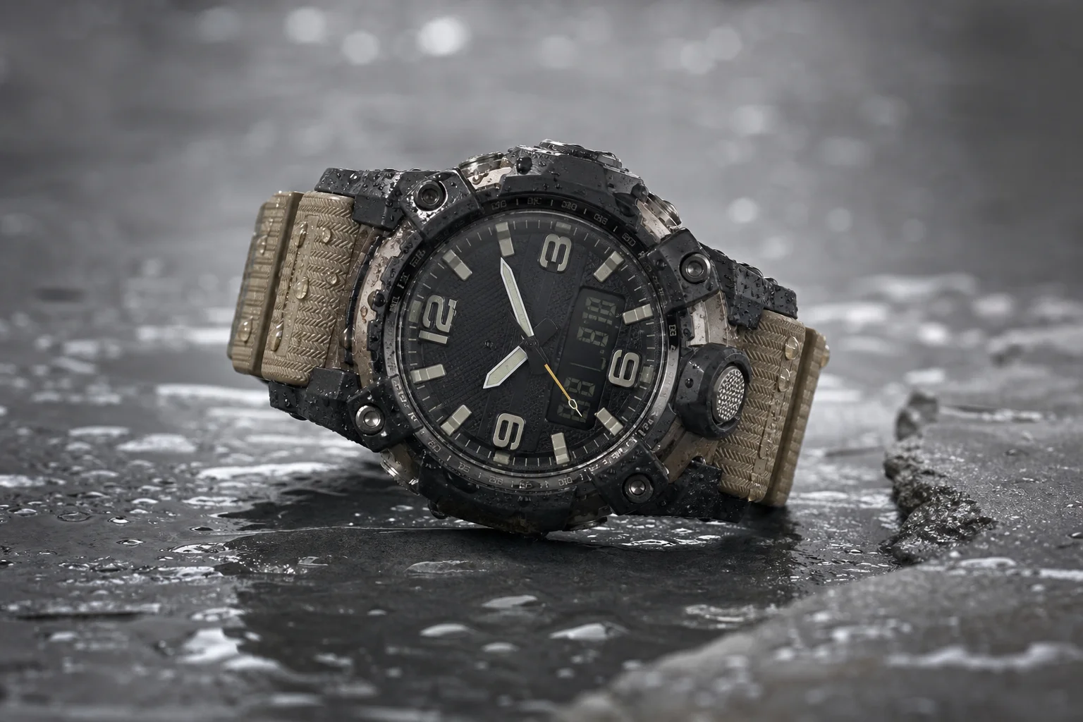 Mudmaster watch displaying time with water droplets on the case