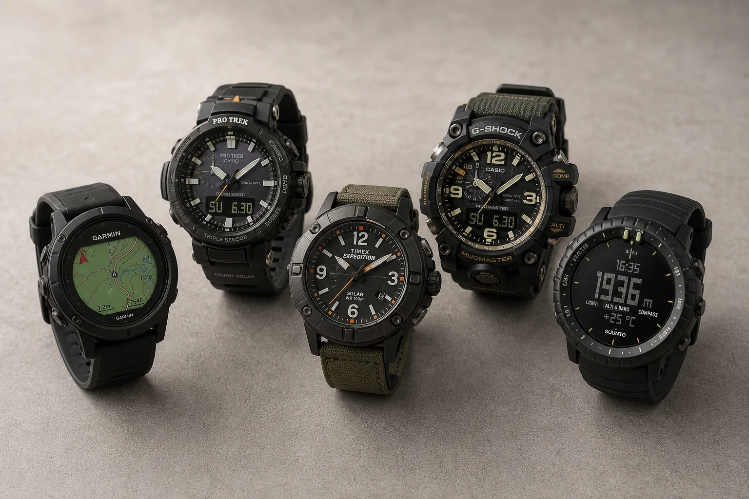 Five rugged outdoor watches arranged on concrete surface
