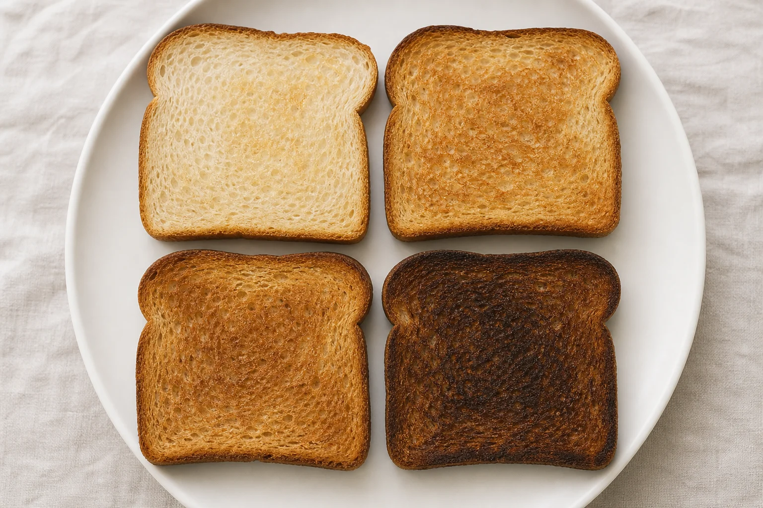 Four slices of toast at different browning levels on a white plate