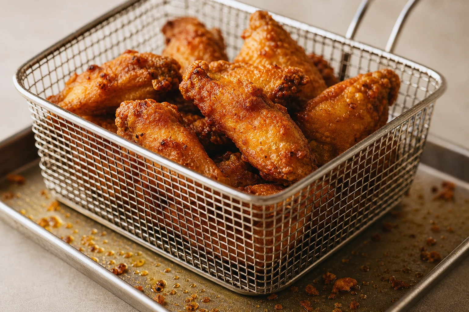 Crispy chicken wings in a wire basket with drip tray below