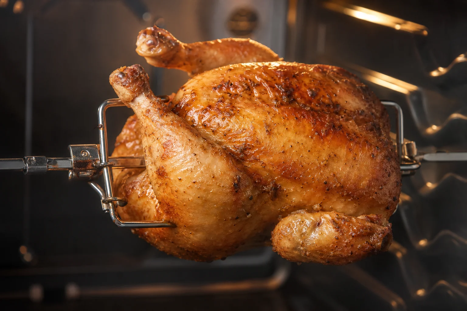 Whole roasted chicken on rotisserie spit with golden crispy skin
