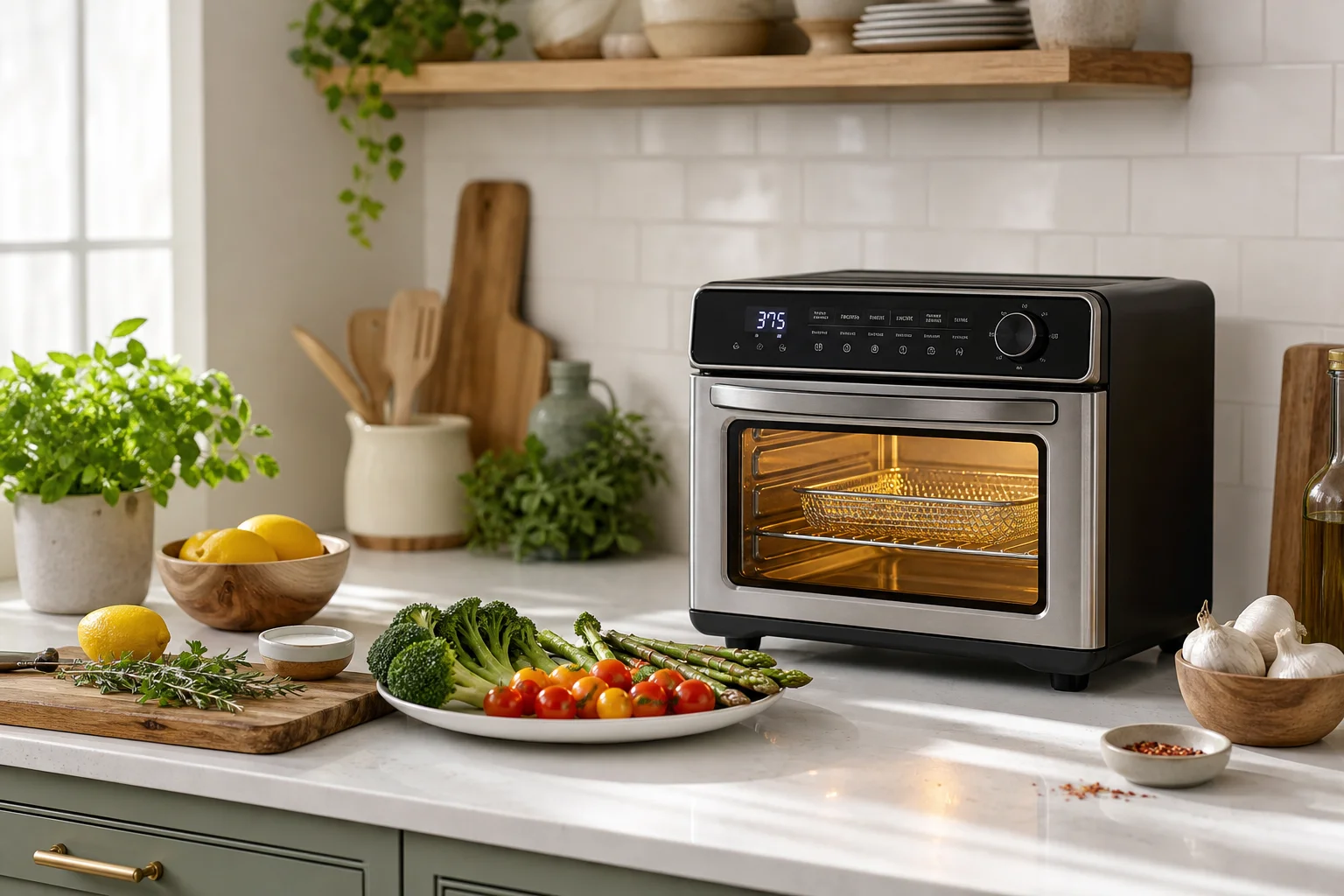 Kitchen counter with modern appliances and fresh ingredients ready for cooking