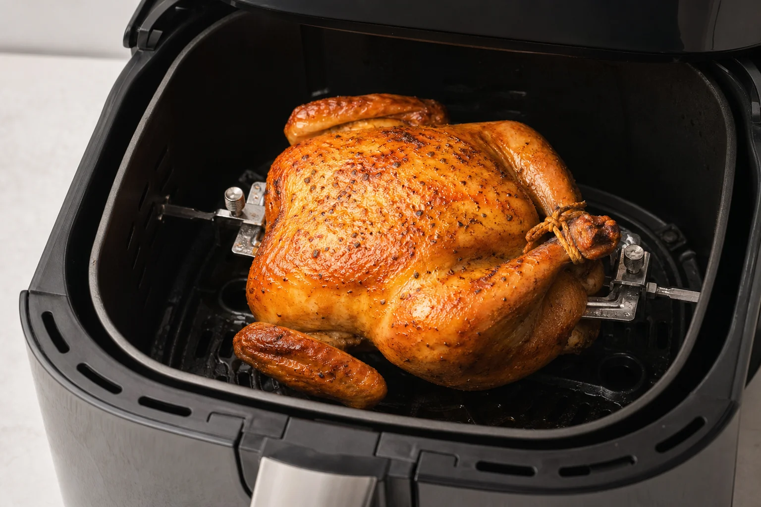 Whole roasted chicken in a large air fryer basket