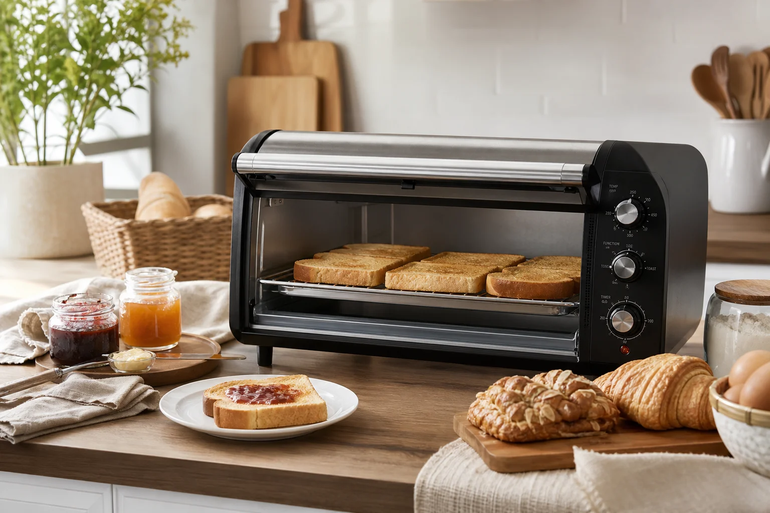 Family gathered around a kitchen counter with freshly toasted bread and prepared food