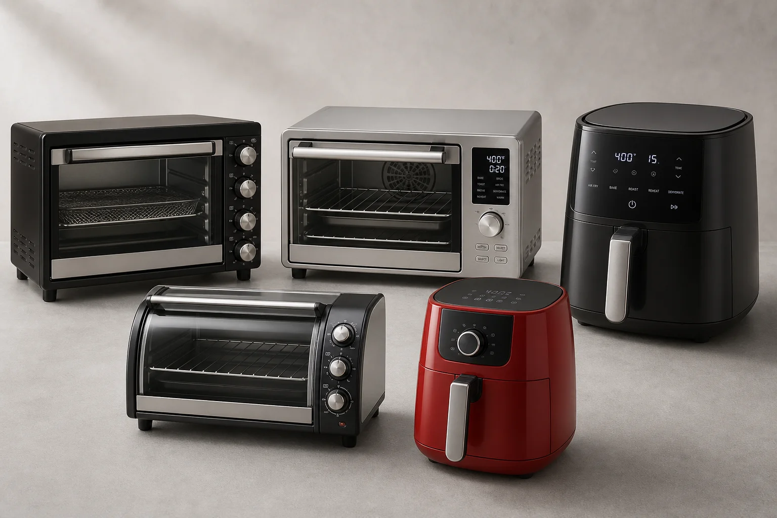 Five air fryer and toaster oven models arranged on a neutral surface