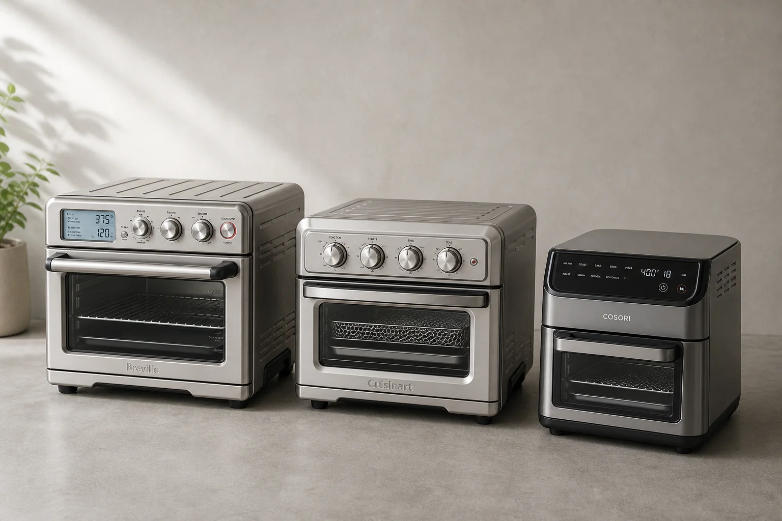 Three air fryer toaster ovens lined up on concrete surface