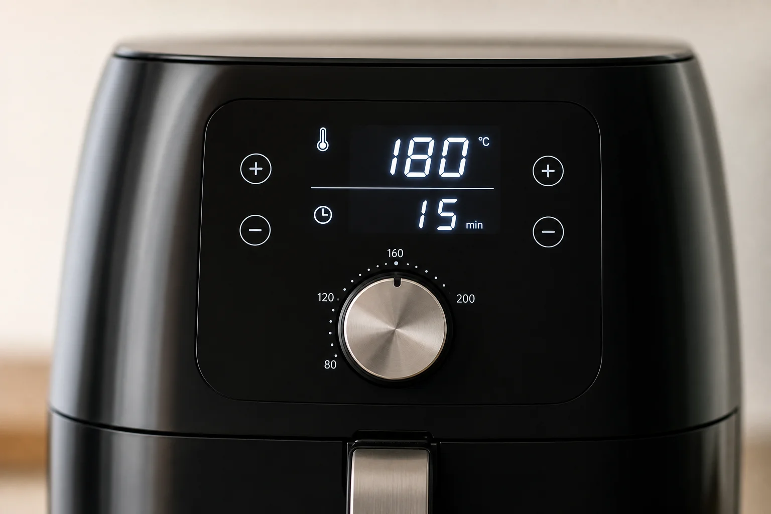 Air fryer control panel with digital display and temperature and time buttons illuminated
