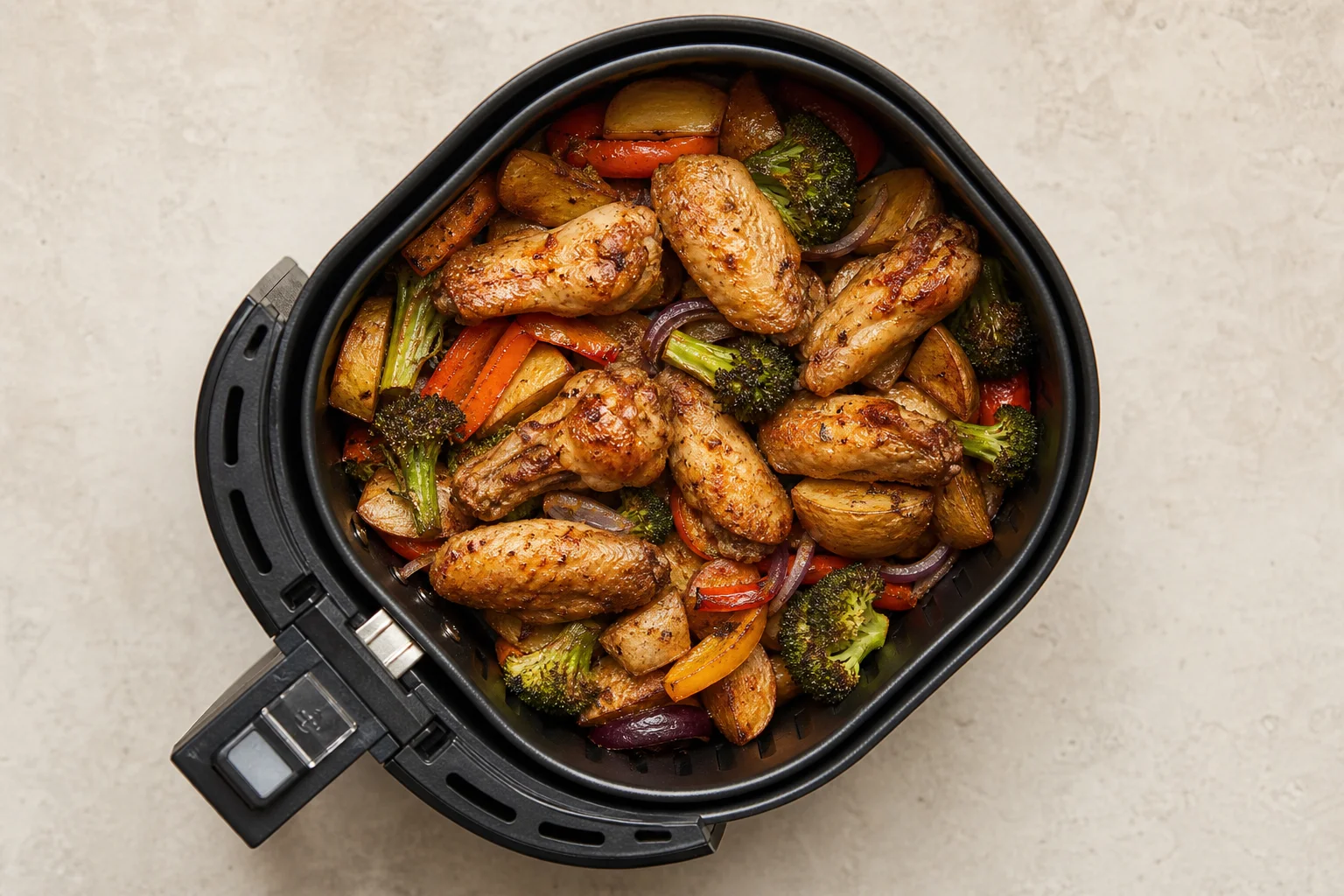 Cooked chicken wings and roasted vegetables in a full air fryer basket