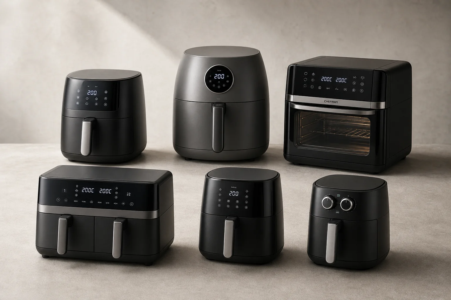 Six air fryer models arranged on concrete surface showing variety of styles and sizes