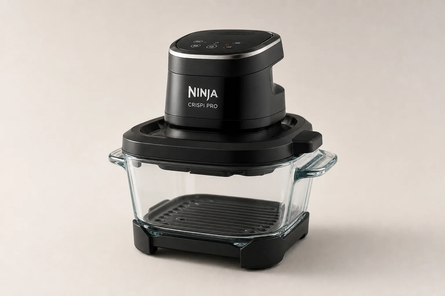 Ninja Crispi Pro 玻璃氣炸鍋，配備透明容器，置於中性背景上