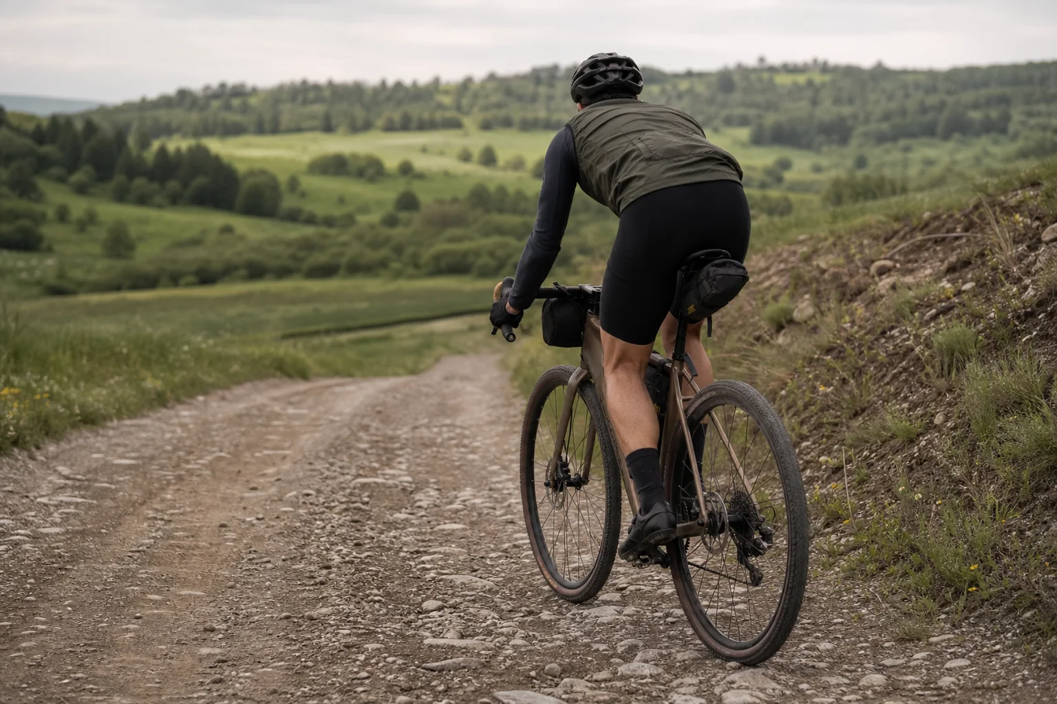 Cyclist riding on a rough gravel road with green fields in background