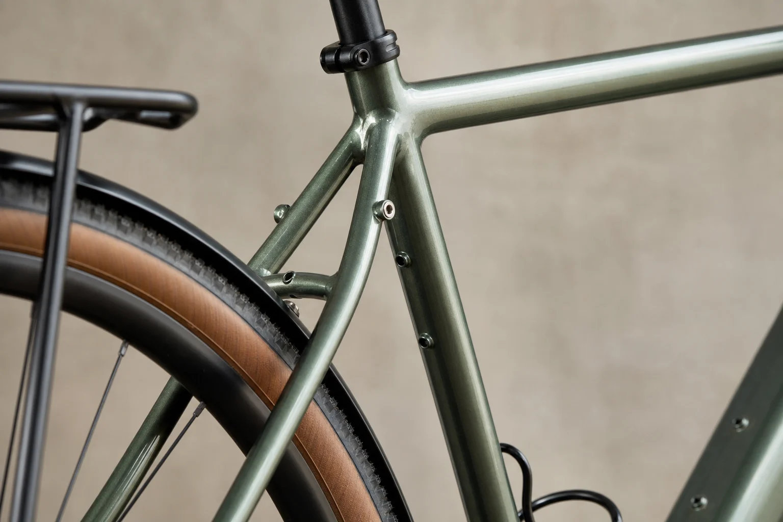 Close-up of bike frame showing tire clearance and mounting points