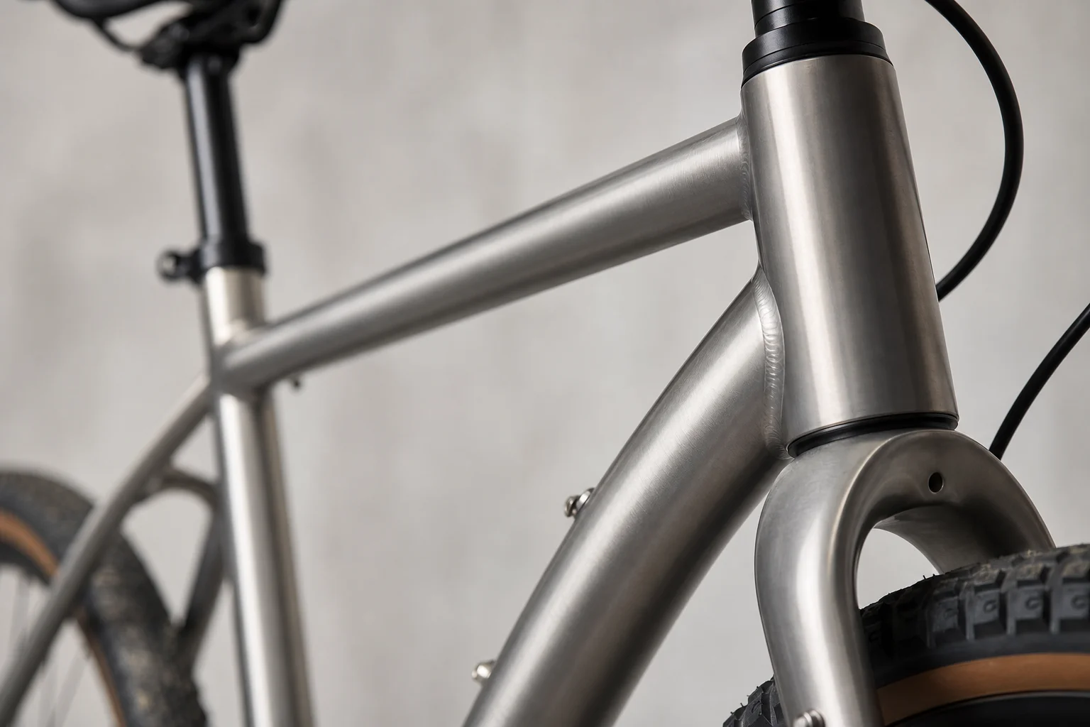 Titanium bike frame detail showing finish and construction quality