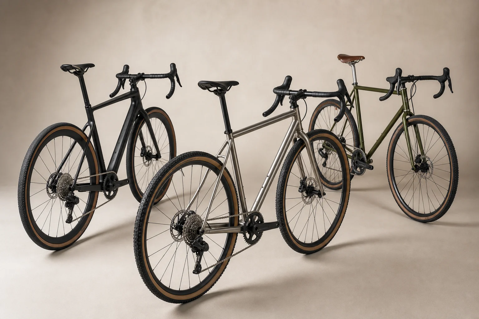 Multiple allroad bikes displayed on neutral backdrop showing different frame materials and designs