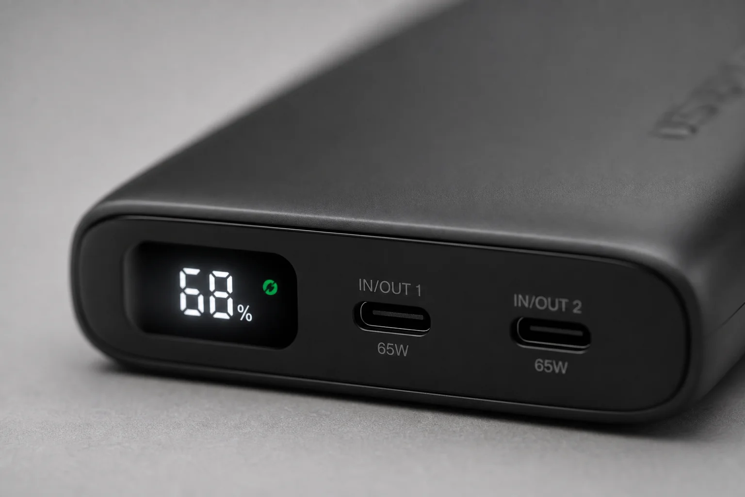 Close-up of power bank ports and LED display screen