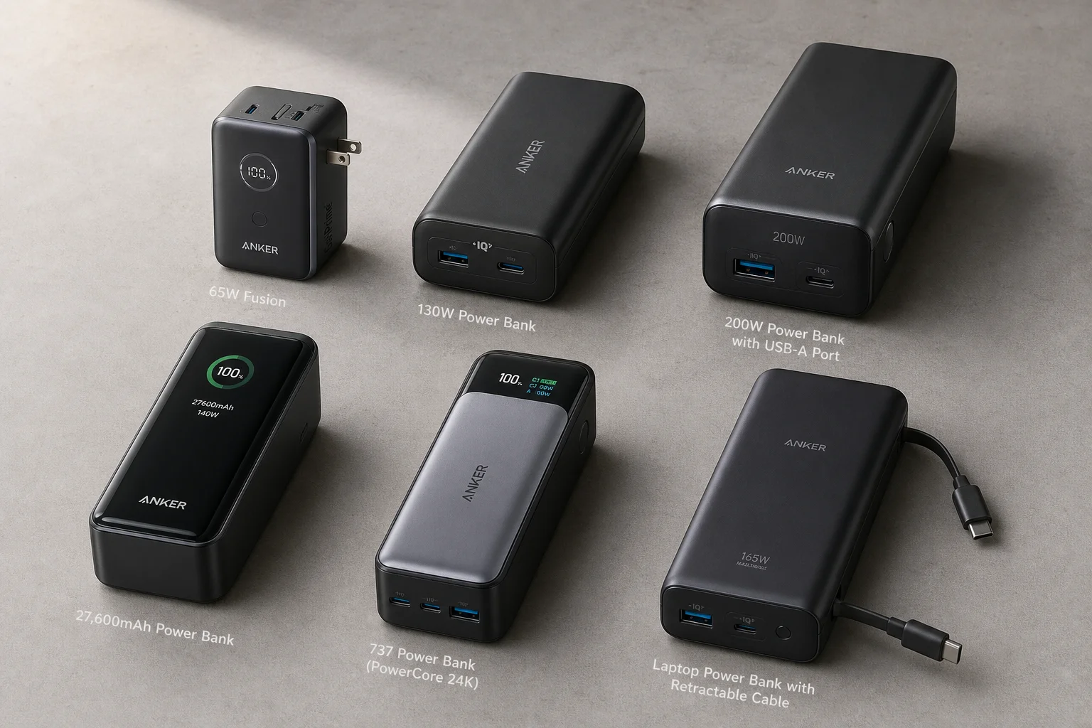 Six Anker power banks arranged on concrete surface showing size and design differences