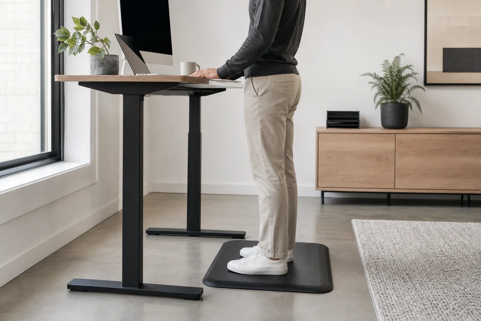 Person standing at desk with feet on cushioned anti-fatigue mat